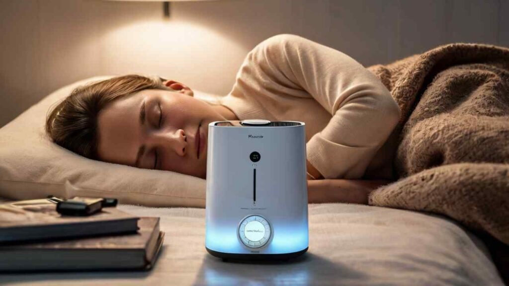 A person sleeping comfortably with an air purifier nearby, promoting a healthy and restful sleep environment