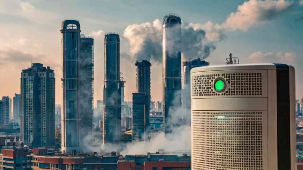 A polluted cityscape with an air purifier in the foreground, emphasizing its importance in cleaning the air and promoting a healthy environment