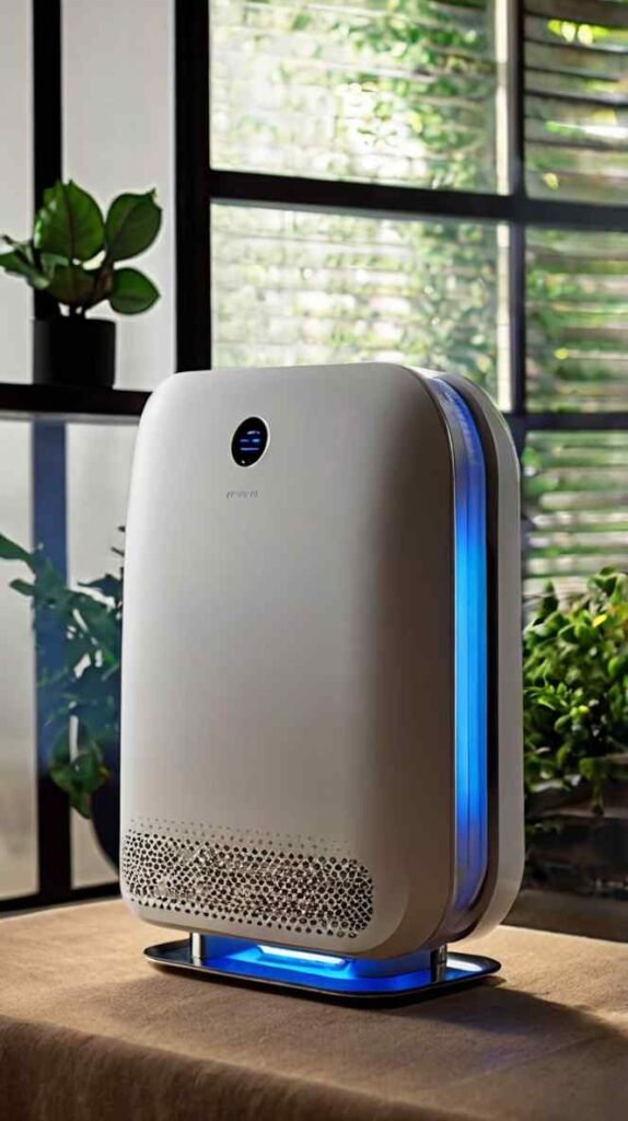 An air purifier with a HEPA filter, highlighting its advanced technology in capturing tiny particles and allergens